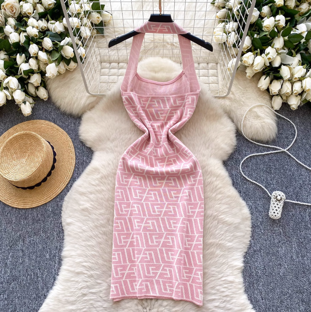 Backless Geometric Printed Halter Dress