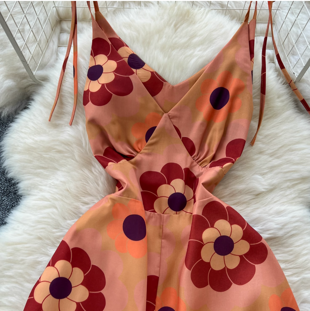 Bohemian Style Printed Backless Slip Dress