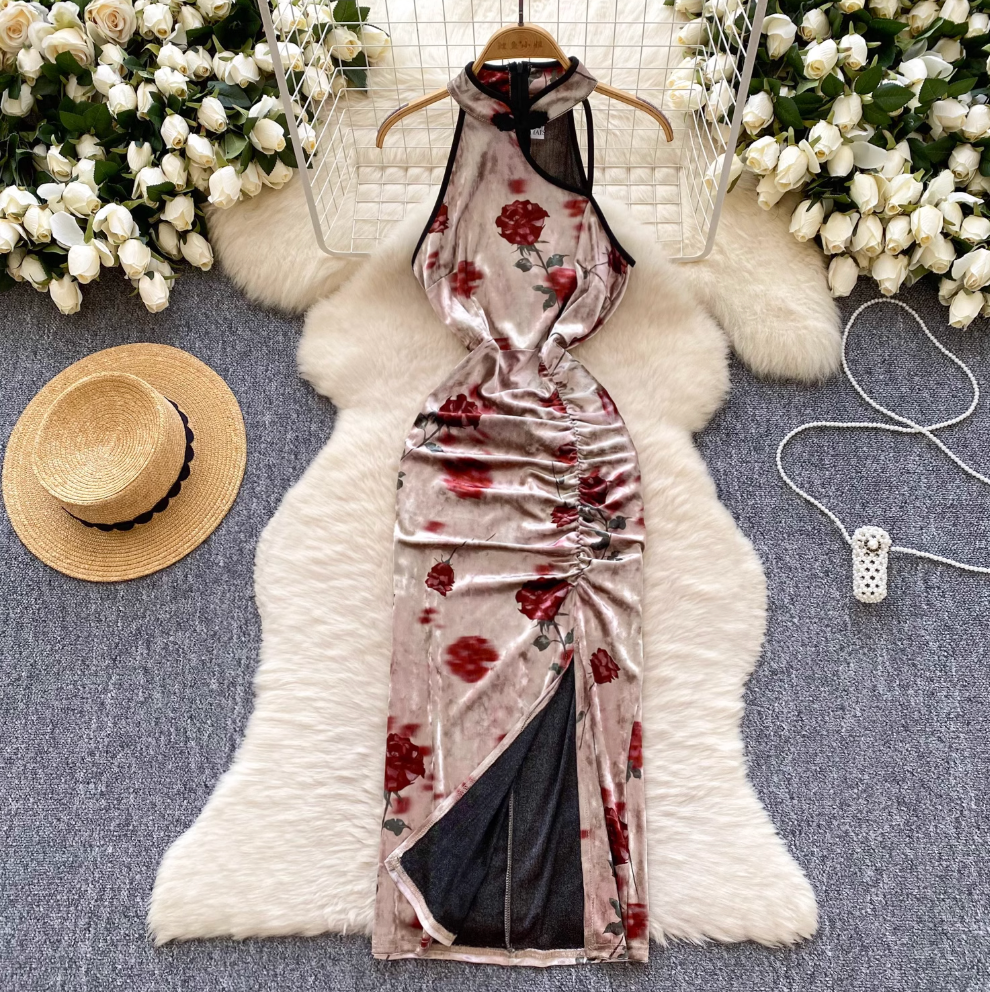 Chinese Style Floral Suede Cheongsam Dress