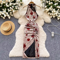 Chinese Style Floral Suede Cheongsam Dress