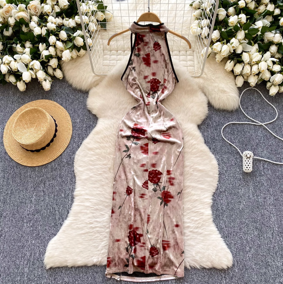 Chinese Style Floral Suede Cheongsam Dress