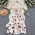 Vintage Rose Printed Hollowed Satin Dress