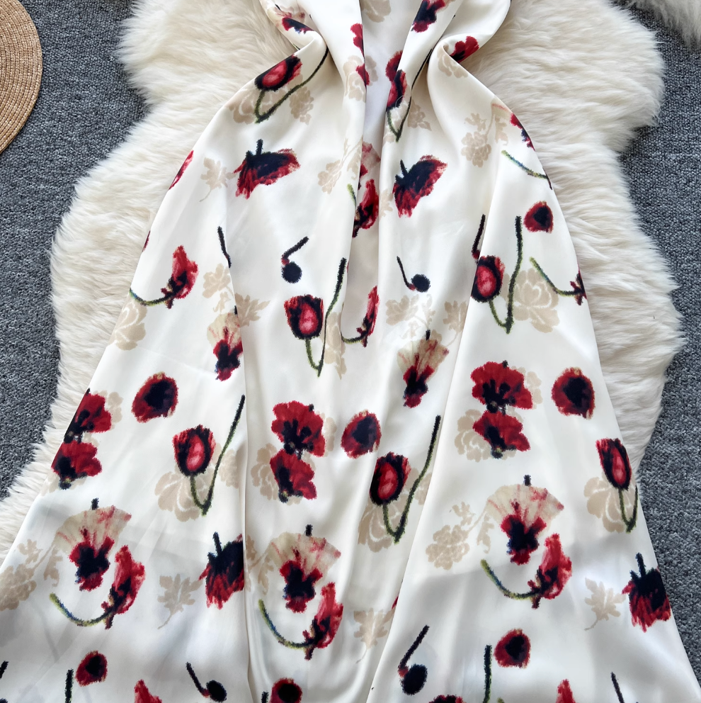 Vintage Rose Printed Hollowed Satin Dress