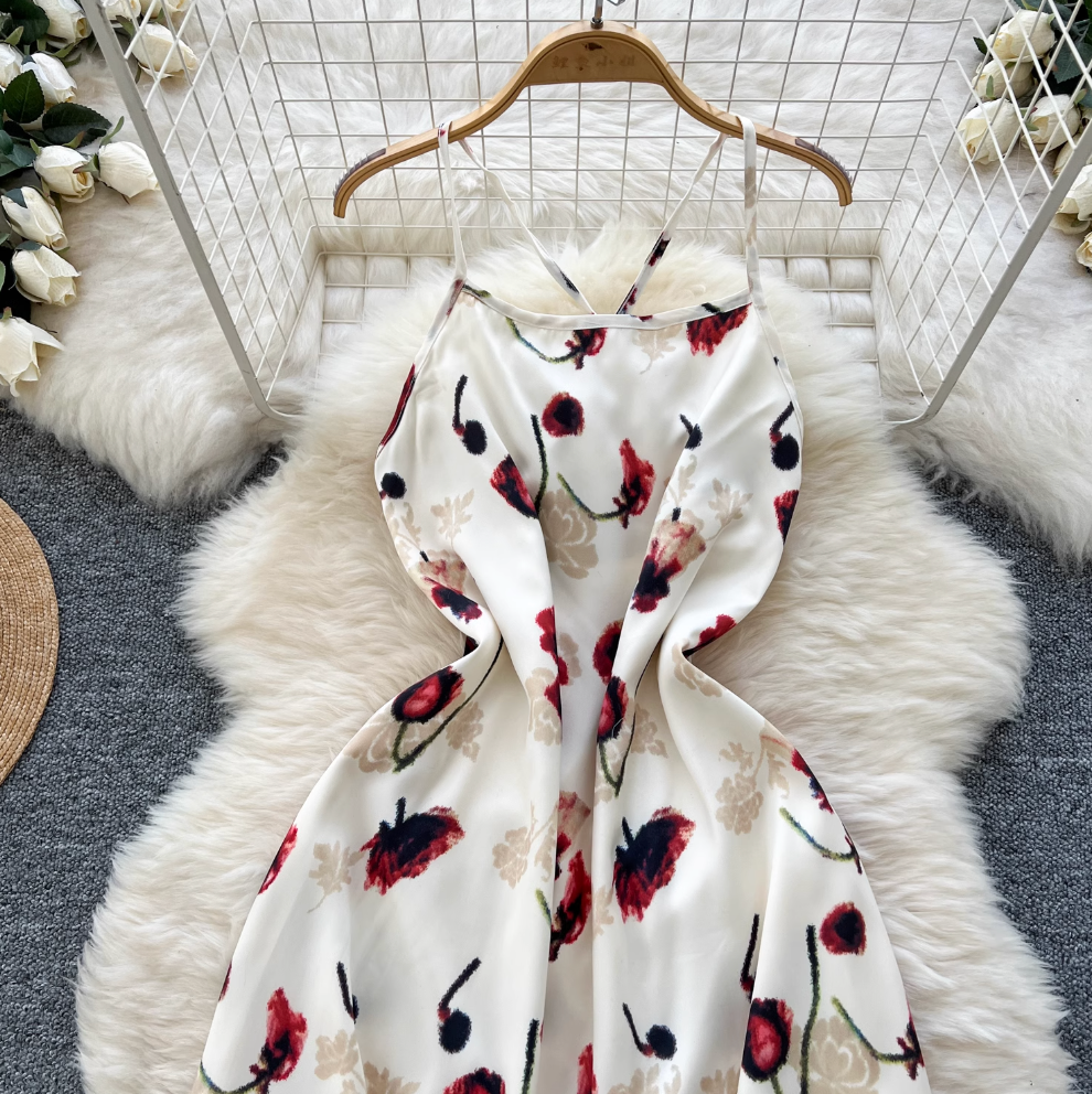Vintage Rose Printed Hollowed Satin Dress