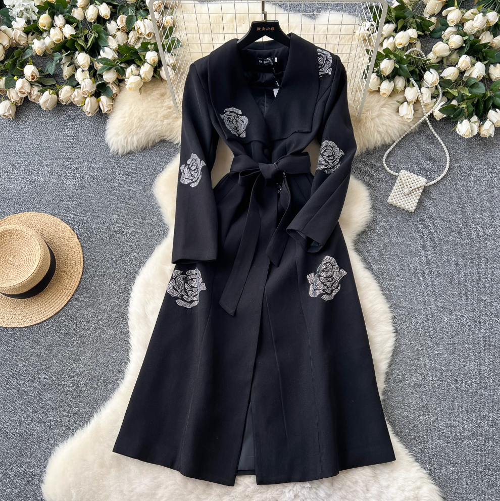 Rhinestone Studded Black Trench Coat