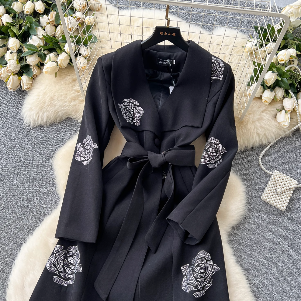 Rhinestone Studded Black Trench Coat