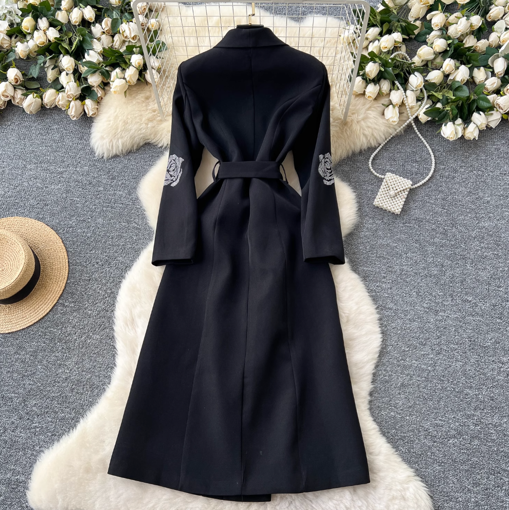 Rhinestone Studded Black Trench Coat