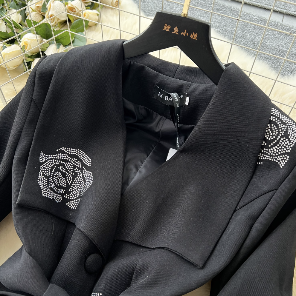 Rhinestone Studded Black Trench Coat