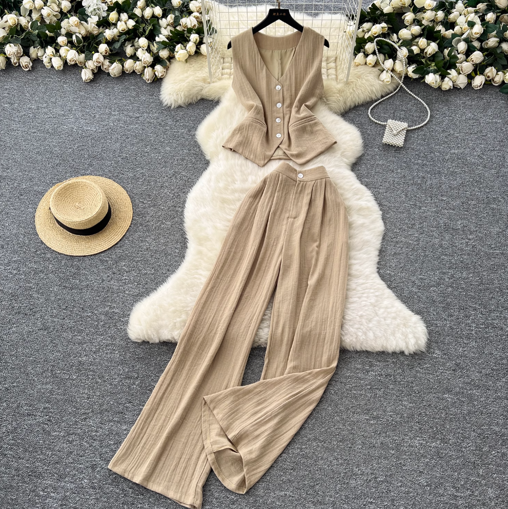 V-neck Vest Jacket & Wide-leg Trousers 2Pcs