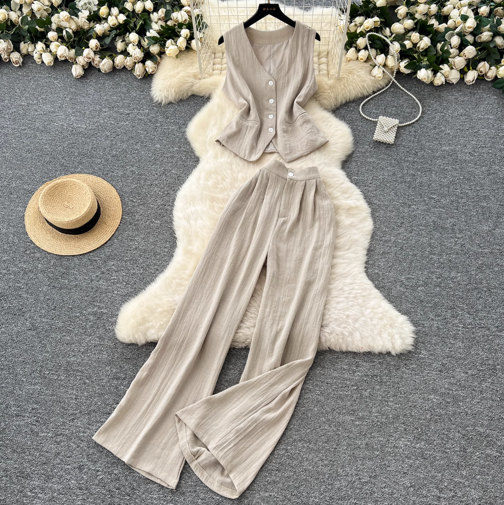V-neck Vest Jacket & Wide-leg Trousers 2Pcs