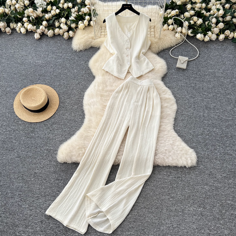 V-neck Vest Jacket & Wide-leg Trousers 2Pcs