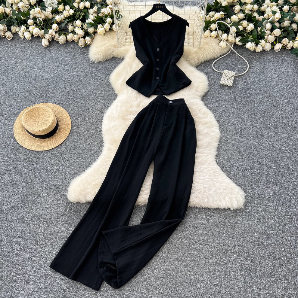 V-neck Vest Jacket & Wide-leg Trousers 2Pcs