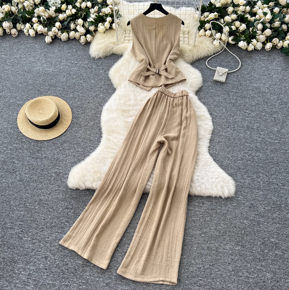 V-neck Vest Jacket & Wide-leg Trousers 2Pcs