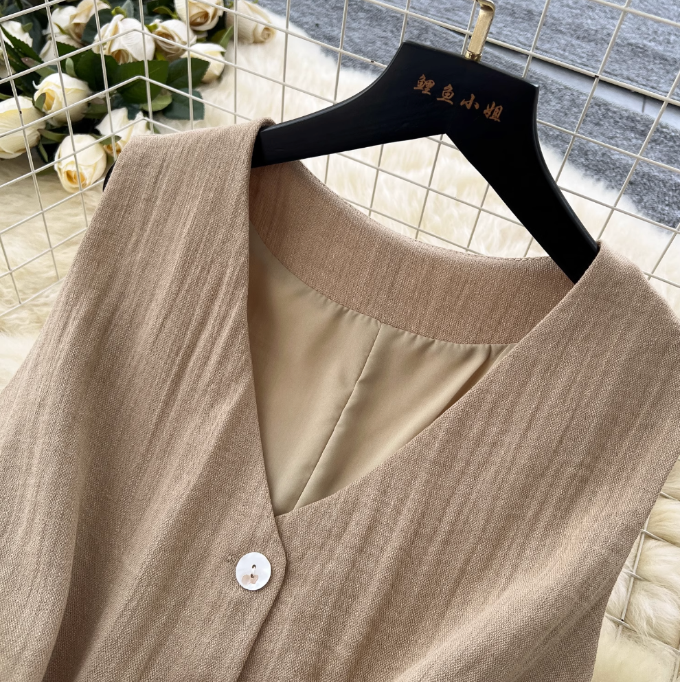 V-neck Vest Jacket & Wide-leg Trousers 2Pcs