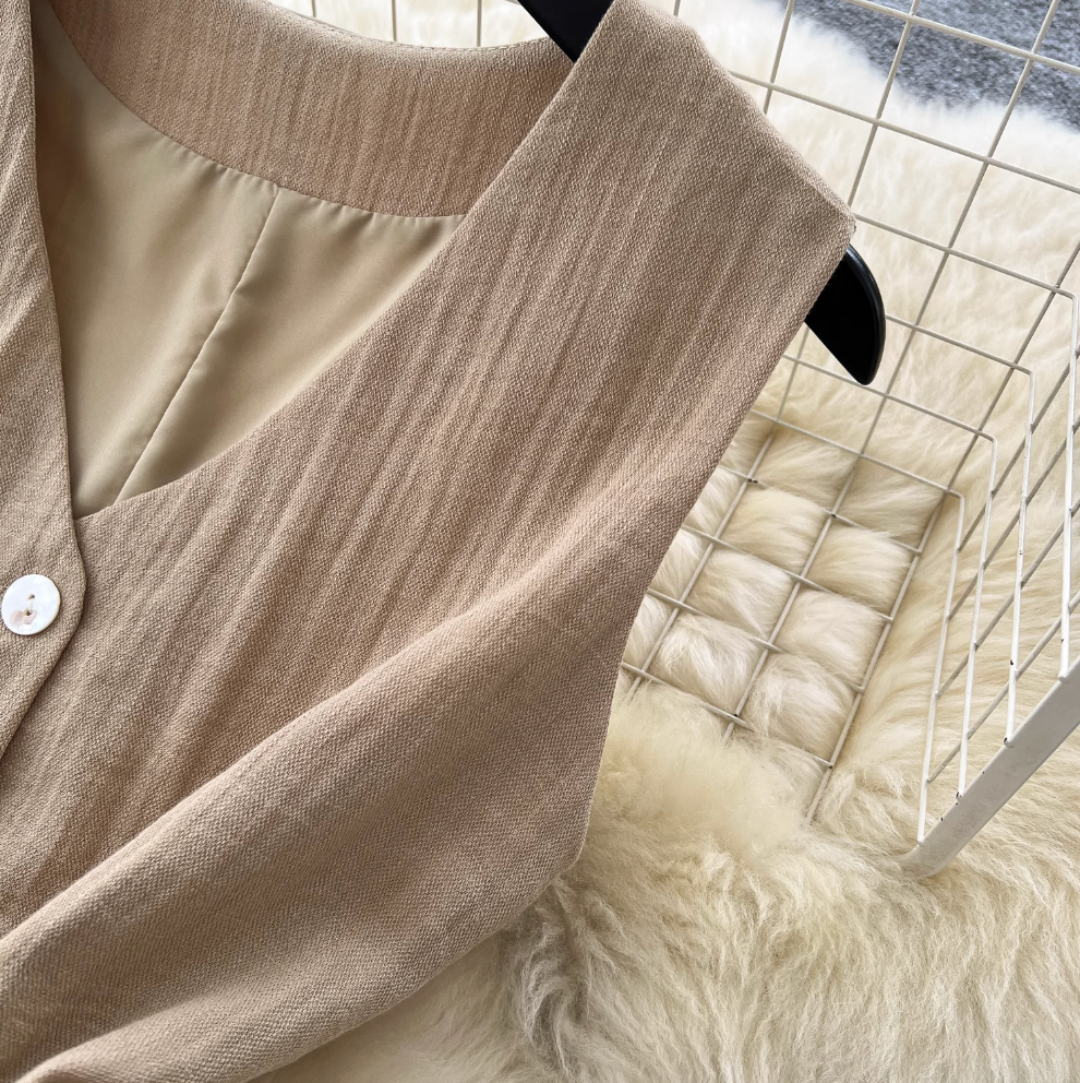 V-neck Vest Jacket & Wide-leg Trousers 2Pcs