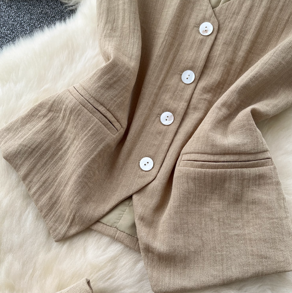 V-neck Vest Jacket & Wide-leg Trousers 2Pcs