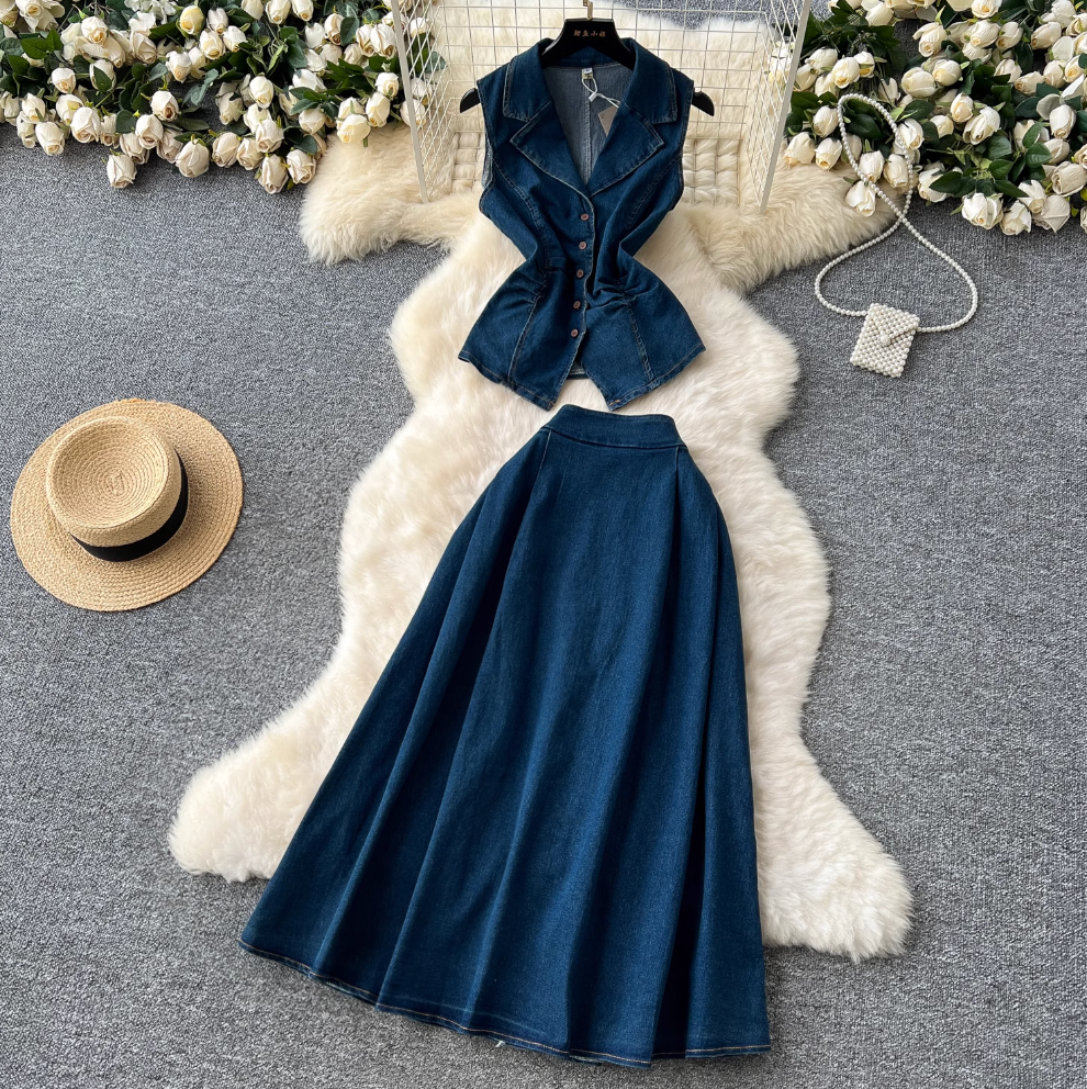 Lapeled Vest & Half-body Skirt Denim 2Pcs