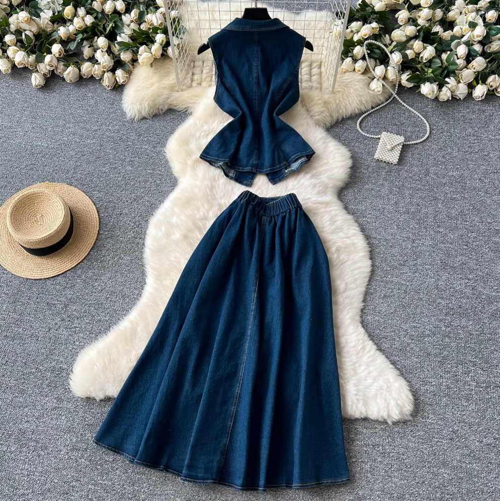Lapeled Vest & Half-body Skirt Denim 2Pcs
