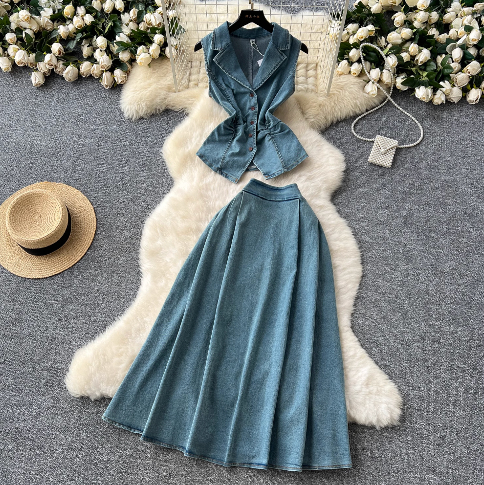 Lapeled Vest & Half-body Skirt Denim 2Pcs