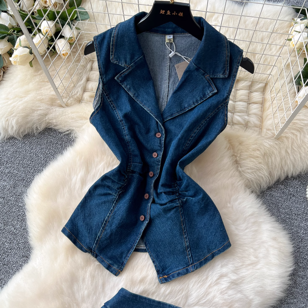 Lapeled Vest & Half-body Skirt Denim 2Pcs