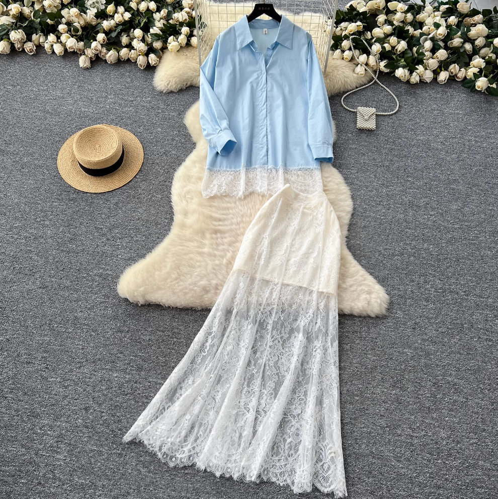 Lace Patchwork Shirt & Skirt 2Pcs