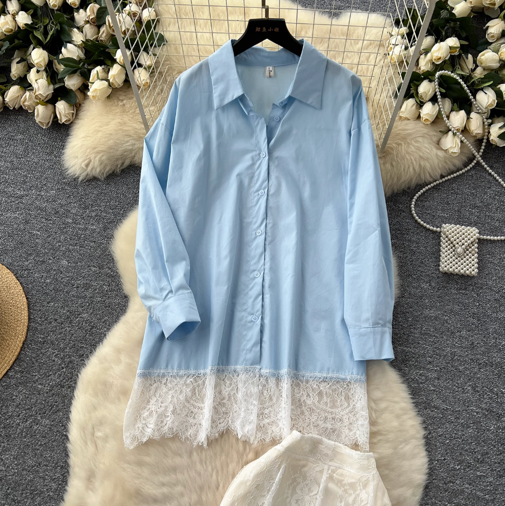 Lace Patchwork Shirt & Skirt 2Pcs