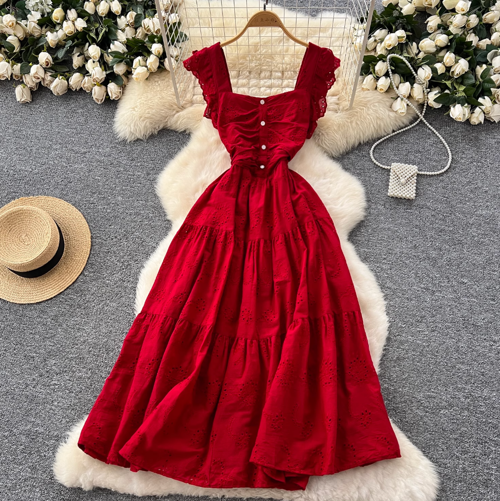 French Style Hollowed Embroidery Dress
