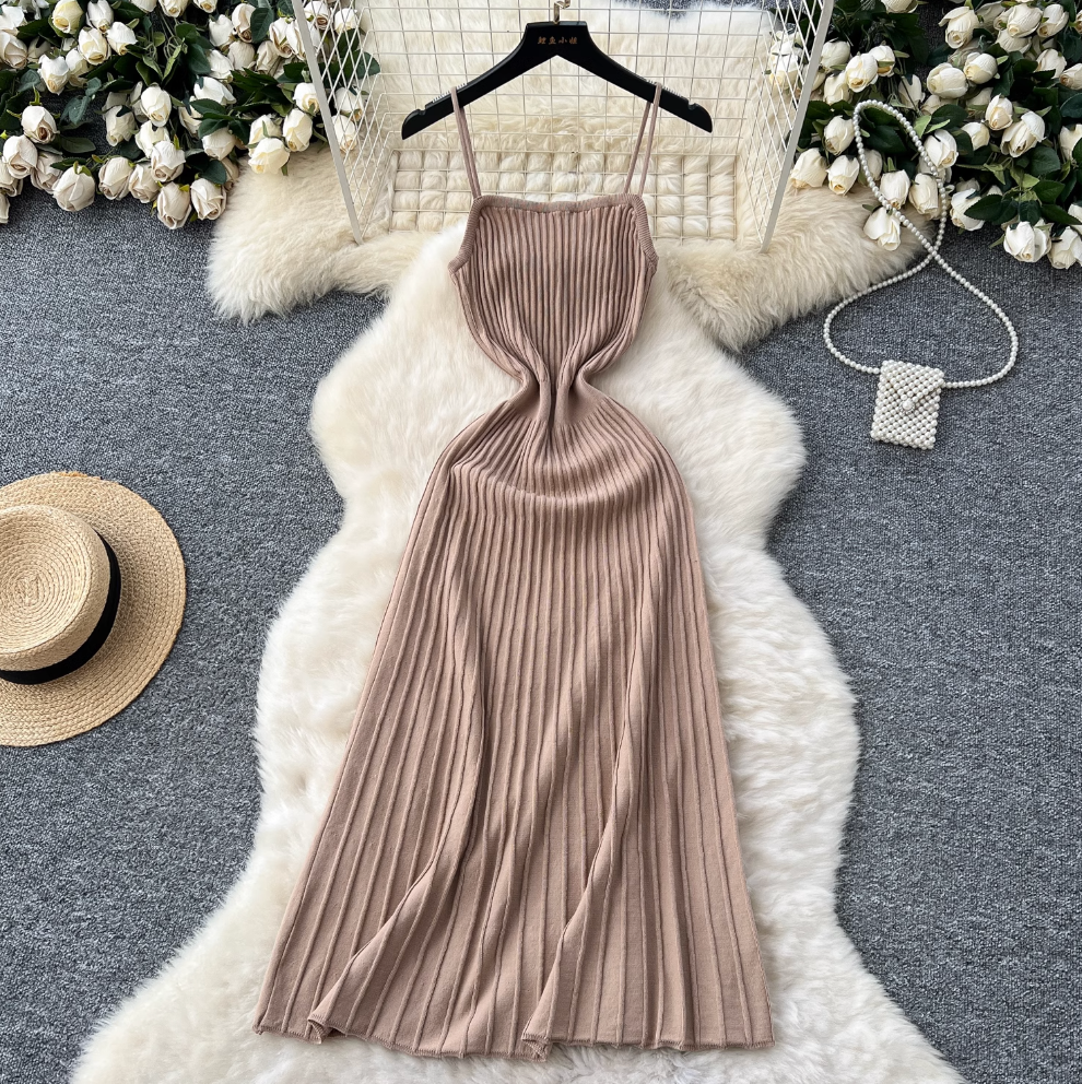 Elegant Solid Color Striped Slim Dress