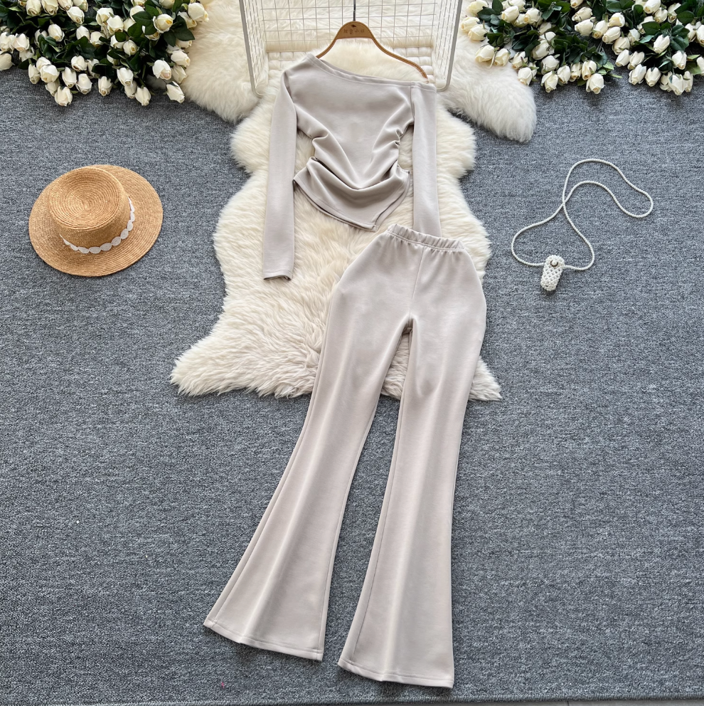 Slant Neckline Top & Trousers 2Pcs