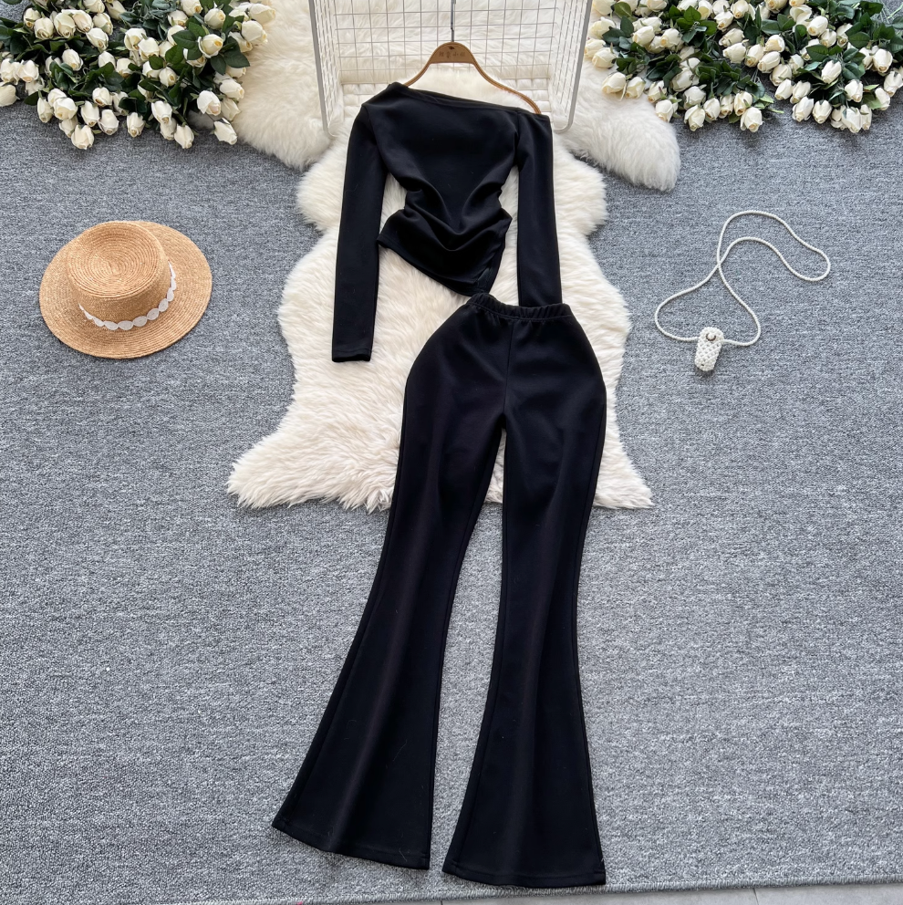 Slant Neckline Top & Trousers 2Pcs