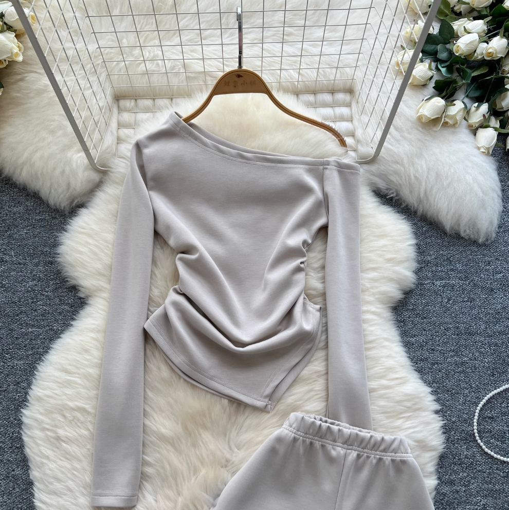 Slant Neckline Top & Trousers 2Pcs
