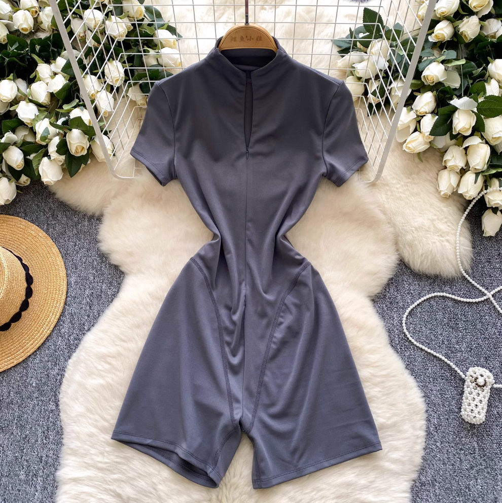 Elastic Turtleneck Zipped Yoga Romper