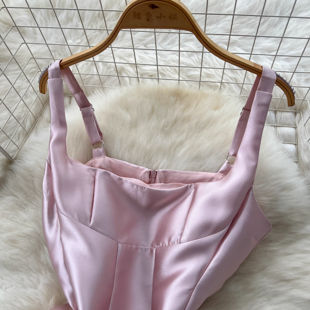 French Style Glossy Pink Slip Dress