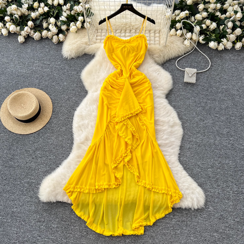Irregular Design Mesh Yellow Slip Dress