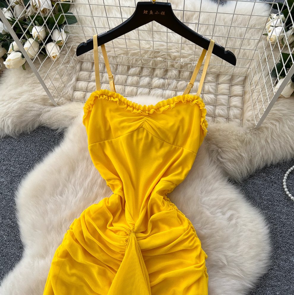 Irregular Design Mesh Yellow Slip Dress