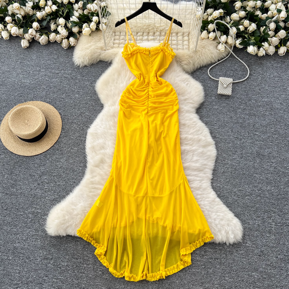 Irregular Design Mesh Yellow Slip Dress