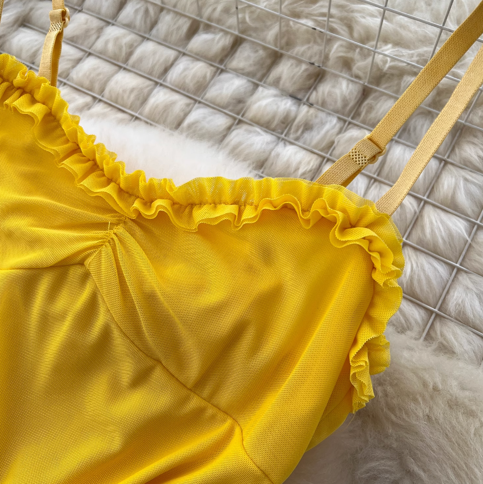 Irregular Design Mesh Yellow Slip Dress