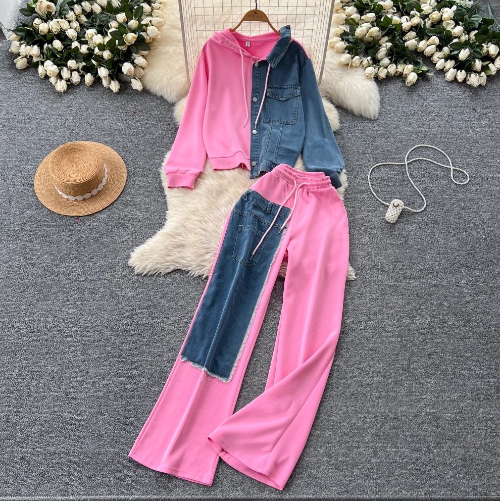 Denim Patchwork Hoodie & Trousers 2Pcs