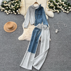 Denim Patchwork Hoodie & Trousers 2Pcs