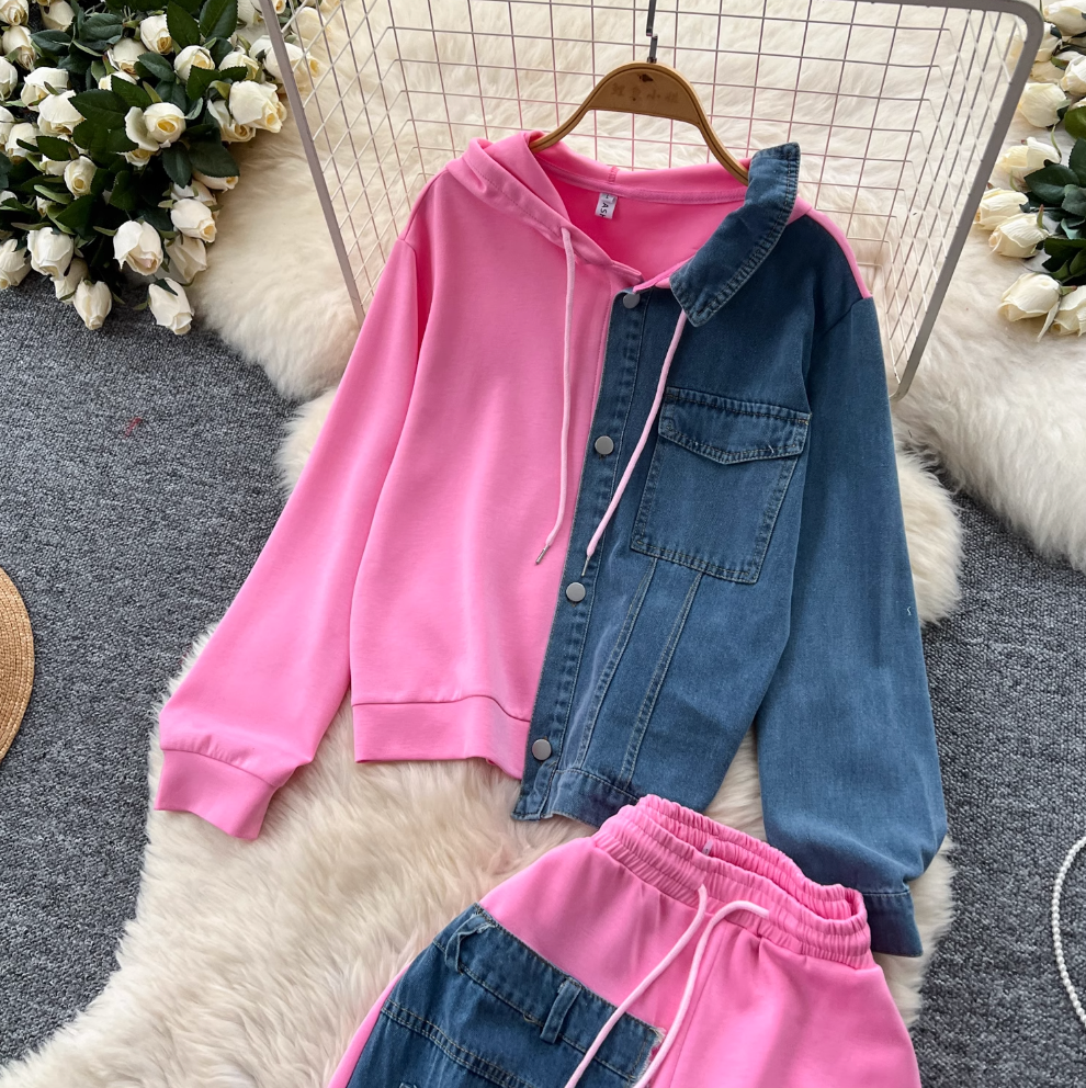 Denim Patchwork Hoodie & Trousers 2Pcs