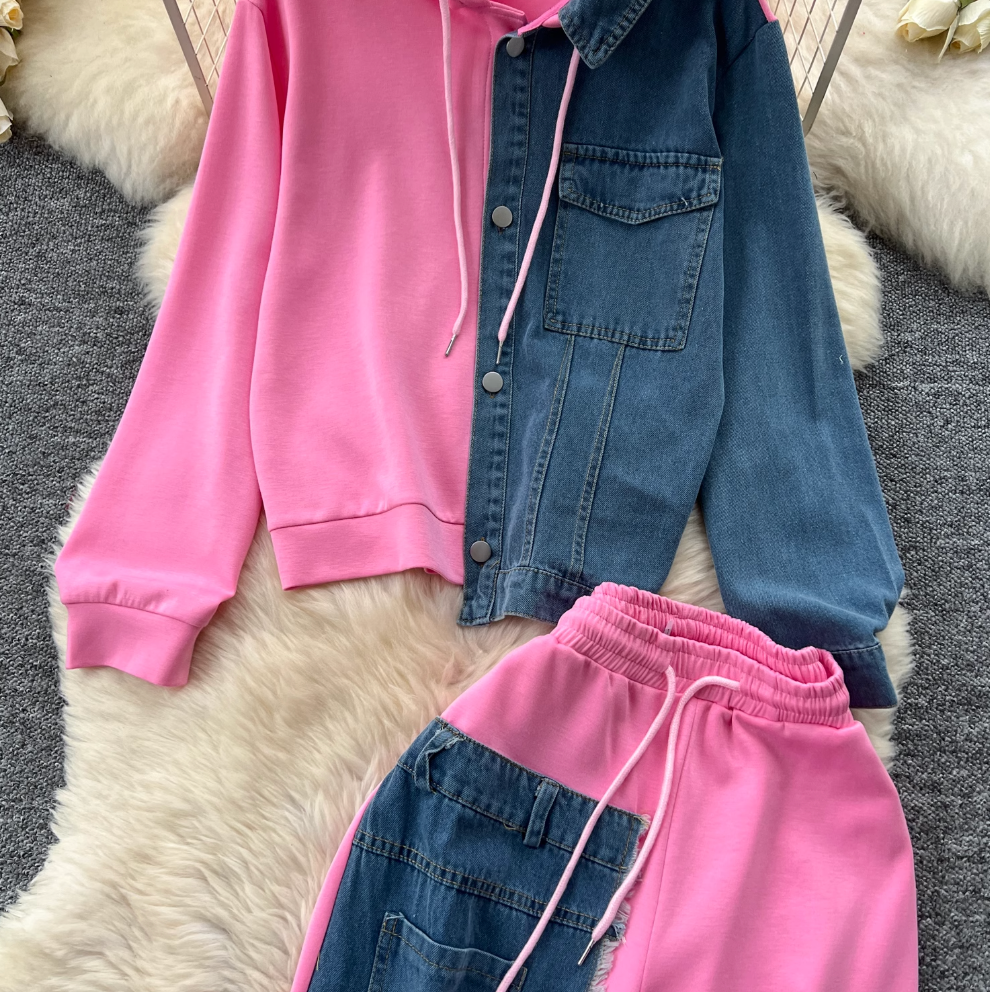 Denim Patchwork Hoodie & Trousers 2Pcs