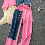 Denim Patchwork Hoodie & Trousers 2Pcs