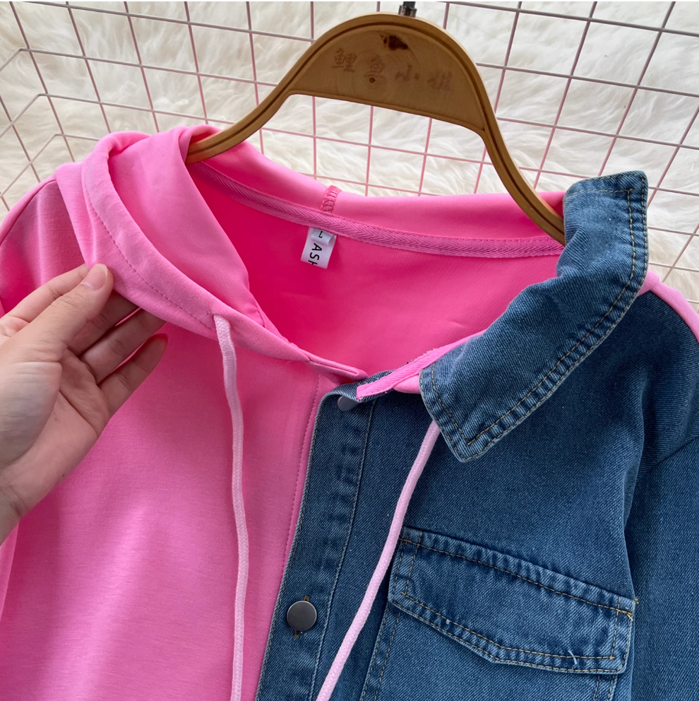 Denim Patchwork Hoodie & Trousers 2Pcs