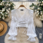 V-neck Drawstring Floral Printed Shirt