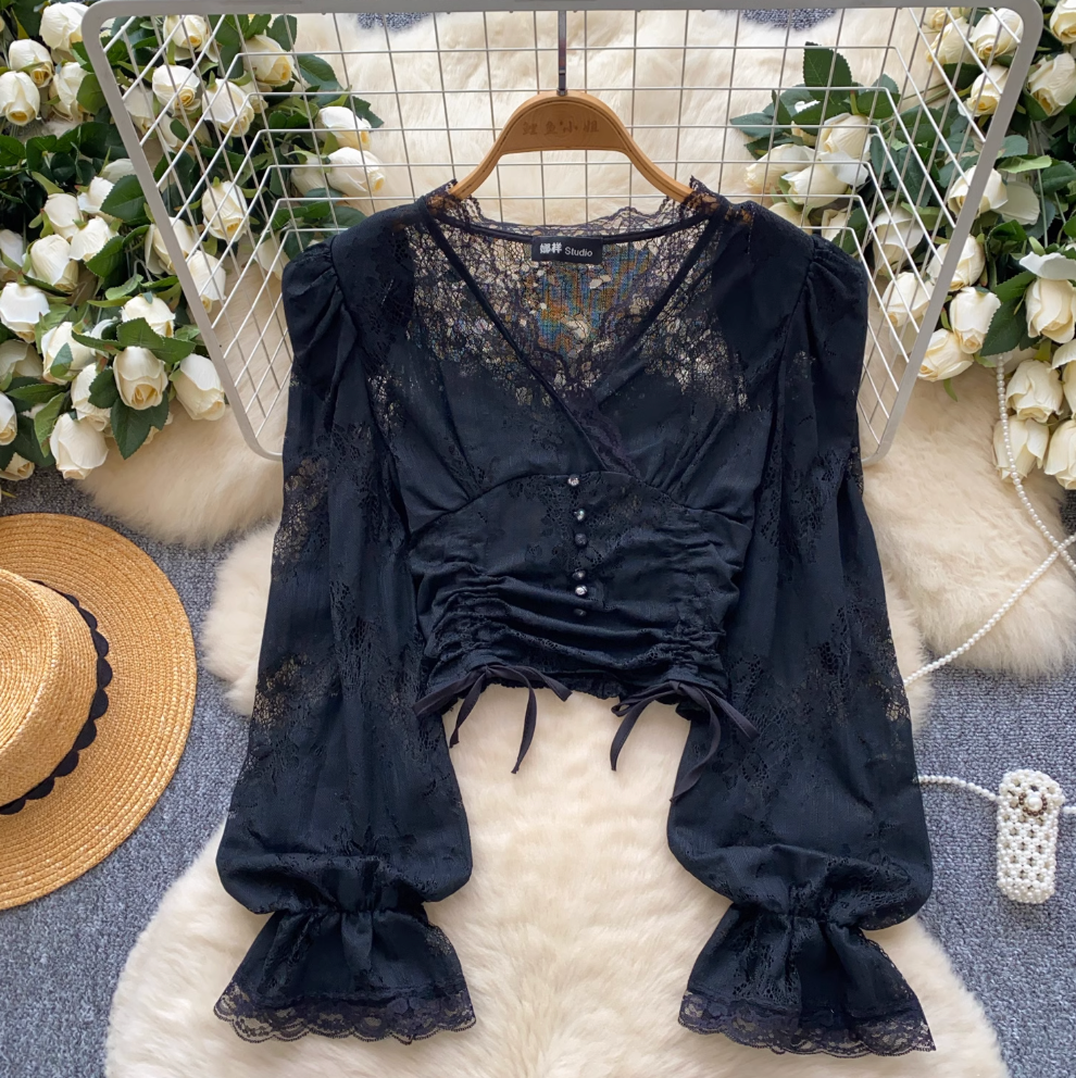 V-neck Drawstring Floral Printed Shirt
