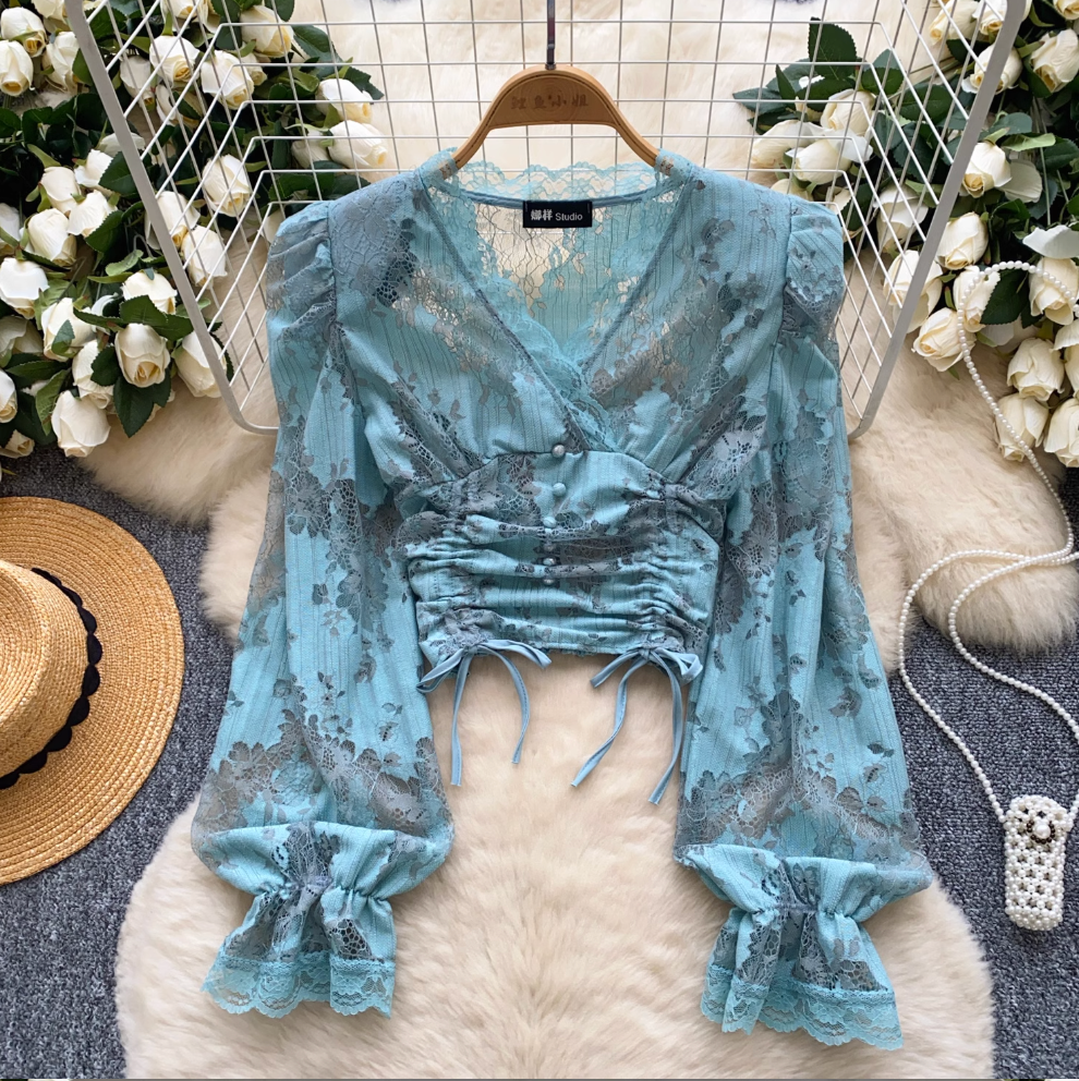 V-neck Drawstring Floral Printed Shirt
