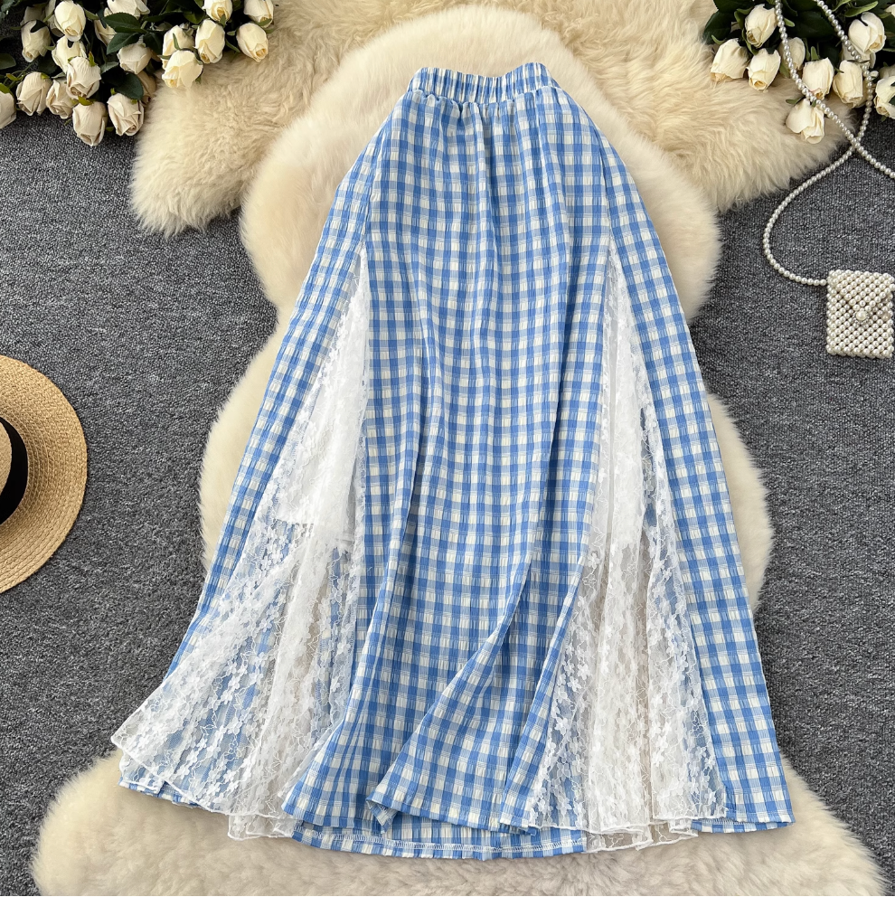 Lace Patchwork Plaid Half-skirt Skirt