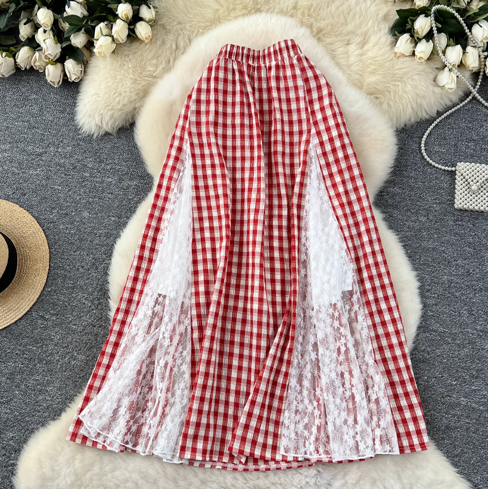 Lace Patchwork Plaid Half-skirt Skirt