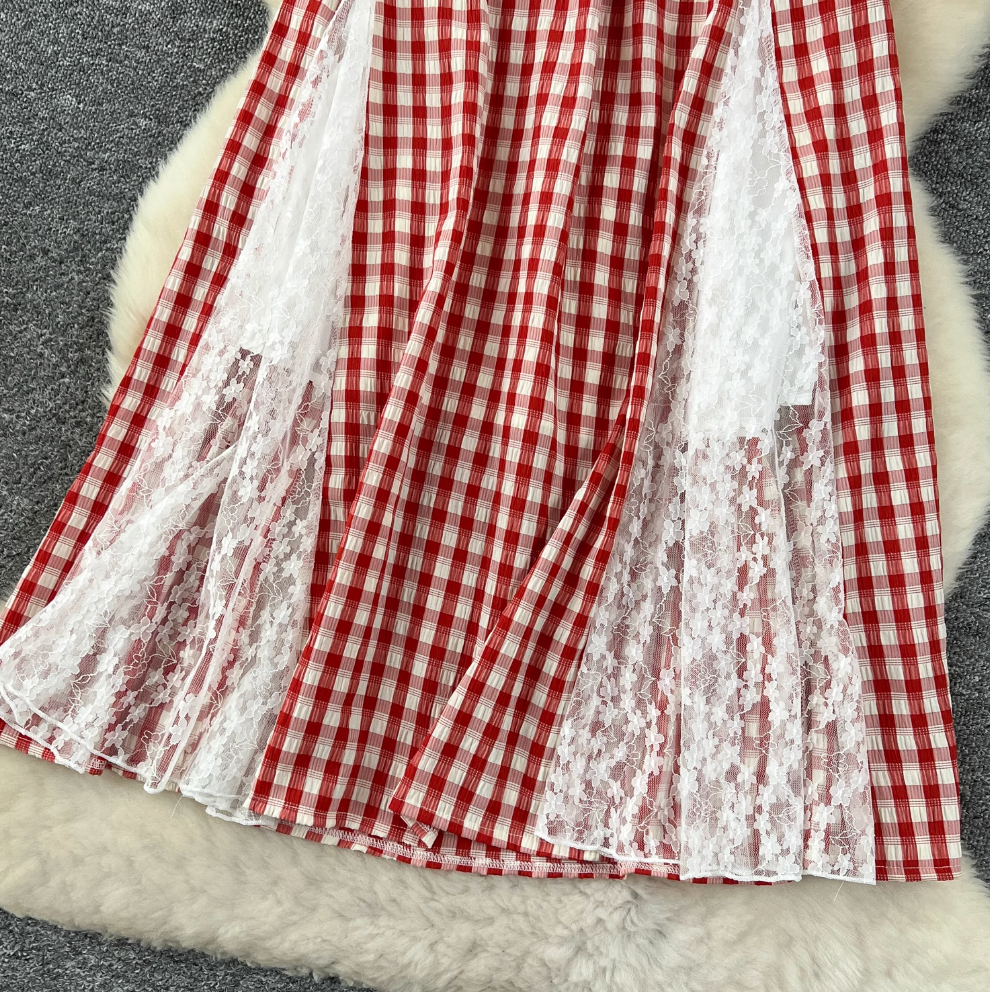 Lace Patchwork Plaid Half-skirt Skirt