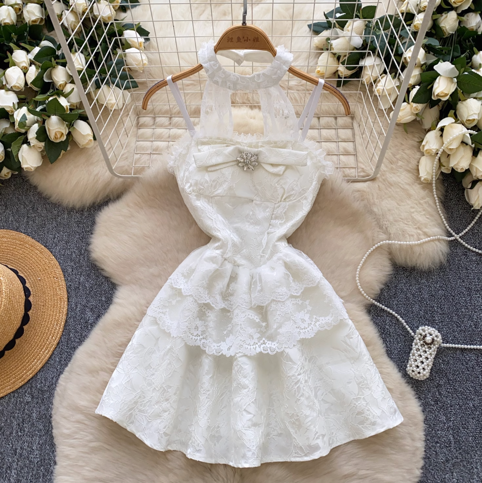 Sweetie Jacquard Puffy Halter Dress